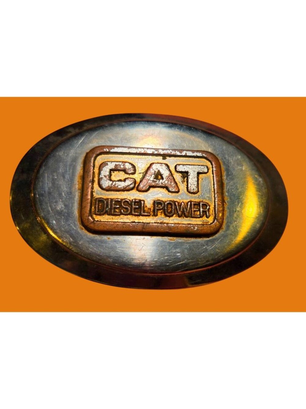 Vintage CAT Diesel Power Metal Belt Buckle 4" With Patina & Rust Finish